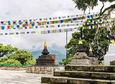 Three Stupas Colorful Worship Flags Swayambhunath Temple Kathmandu City Buddhist Monastery